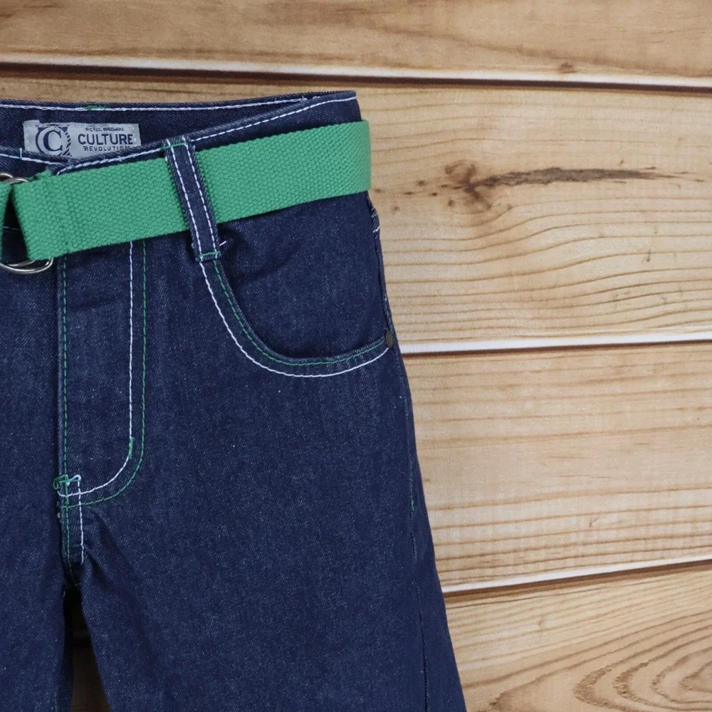 Culture Revolution Jean Shorts Boys 12 Blue Dark Wash 100% Cotton Belted Pockets